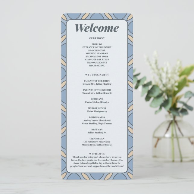 Tarjeta de Programa de Boda Art Déco en Azul Polvo (Anverso de pie)