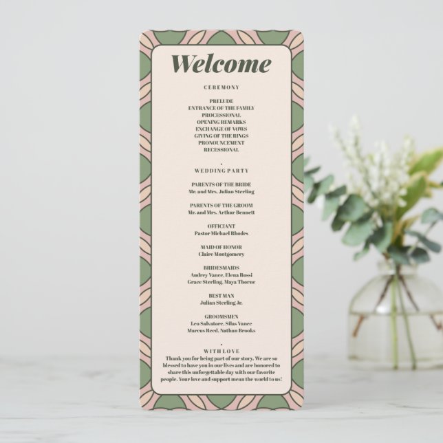 Tarjeta de Programa de Boda Art Déco Verde Salvia (Anverso de pie)