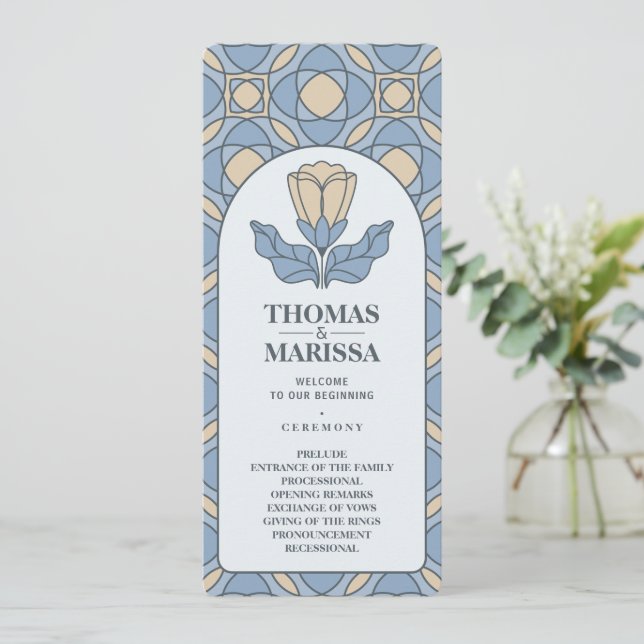 Tarjeta de programa de boda Art Nouveau azul polvo (Anverso de pie)