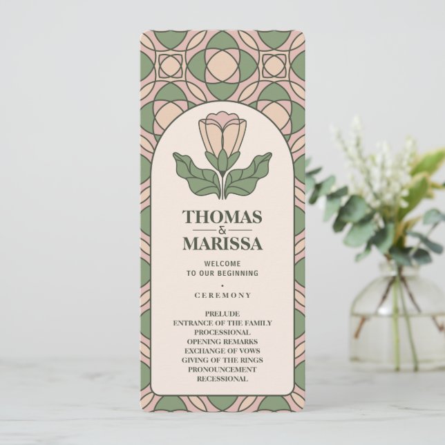 Tarjeta de Programa de Boda Art Nouveau Verde Salv (Anverso de pie)