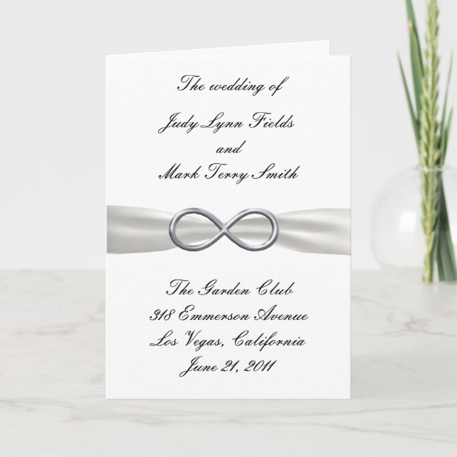 Tarjeta de programa de boda blanca Silver Infinity (Anverso)