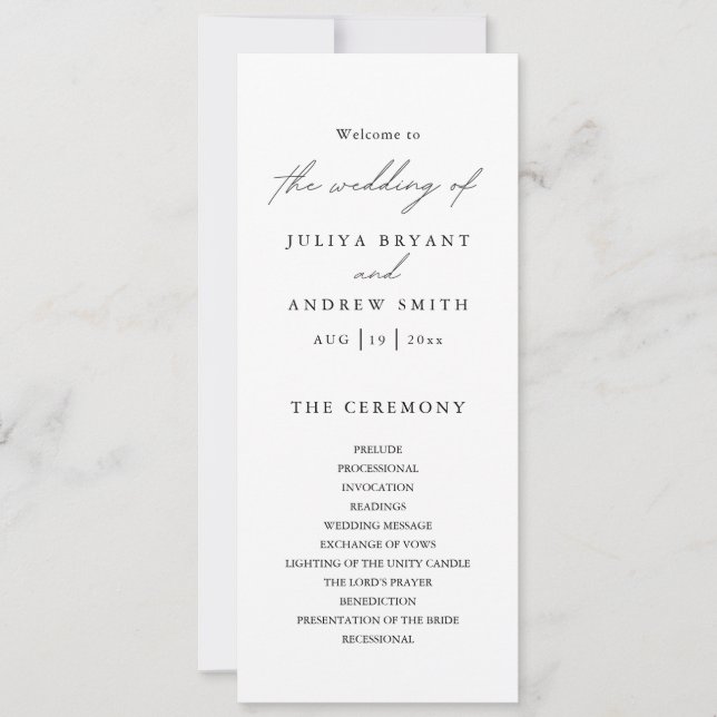 Tarjeta de programa de boda blanca y negra con est (Anverso)