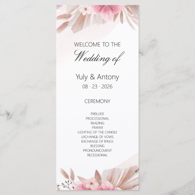 Tarjeta de Programa de Boda Boho Rosa Champagne (Anverso)