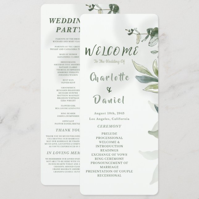 Tarjeta de programa de boda botánico moderno orgán (Anverso / Reverso)