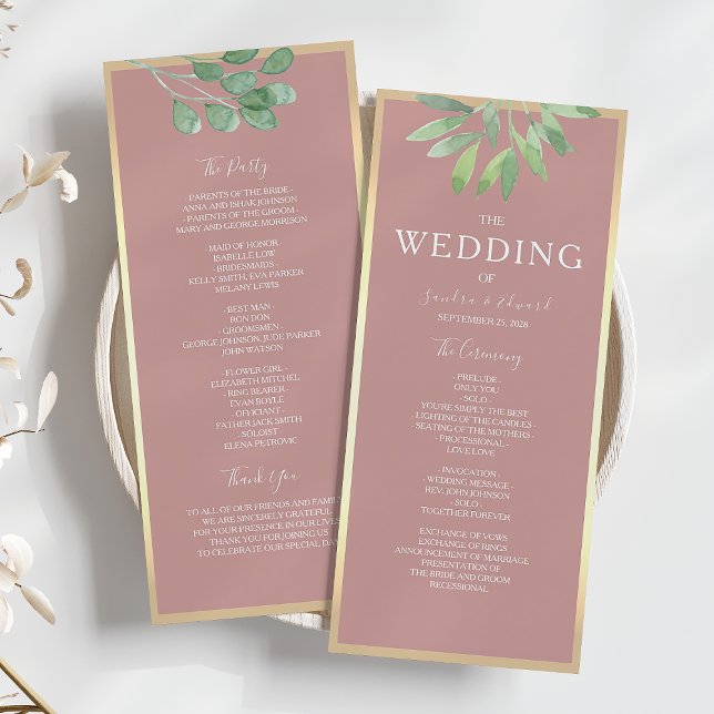 Tarjeta de programa de boda botánico Rosa Polvorie (Subido por el creador)