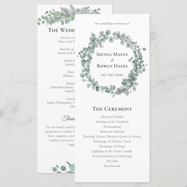 Tarjeta de programa de boda botánico Sage & Stone (Anverso / Reverso)