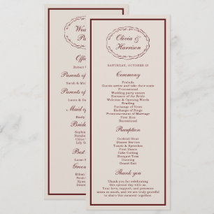Tarjeta de Programa de Boda Burgundy Old Money