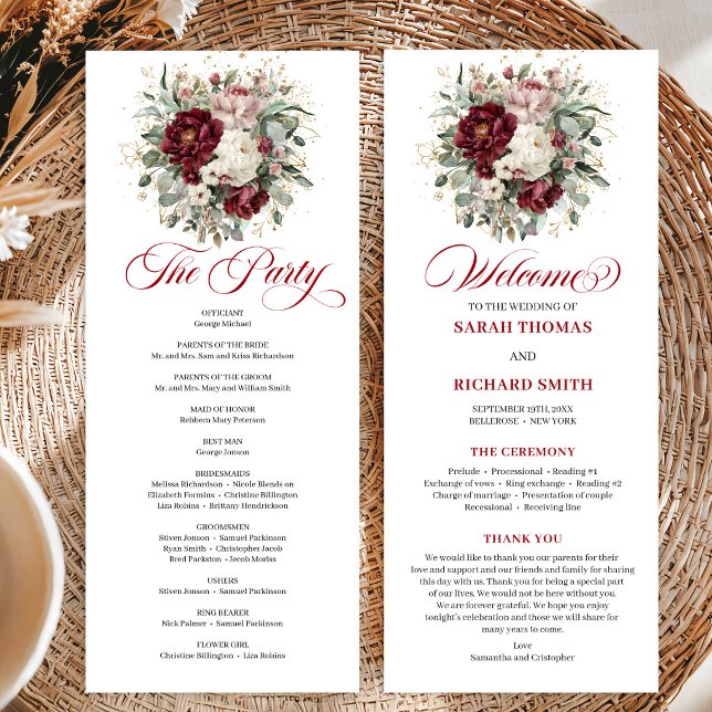 Tarjeta de Programa de Boda Chic Rosa Burdeos Dora (Chic Blush Burgundy Gold Wedding Program Card)