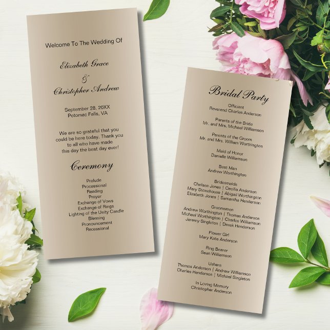 Tarjeta de programa de boda con guión negro y cham (Champagne color Black Script Wedding Program)