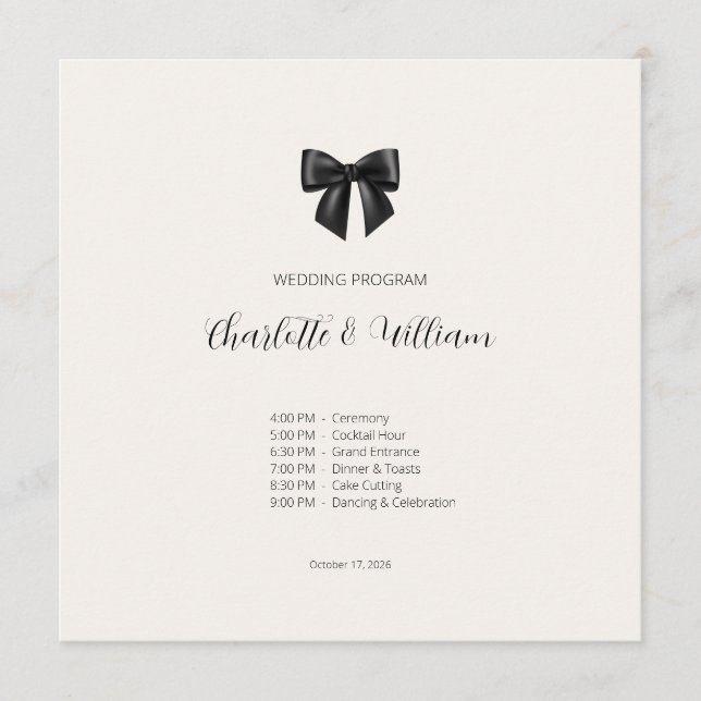 Tarjeta de Programa de Boda con Lazo Negro Elegant (Anverso)