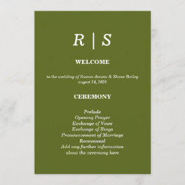 Tarjeta de programa de boda con monograma en verde