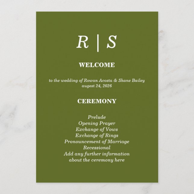 Tarjeta de programa de boda con monograma en verde (Anverso)