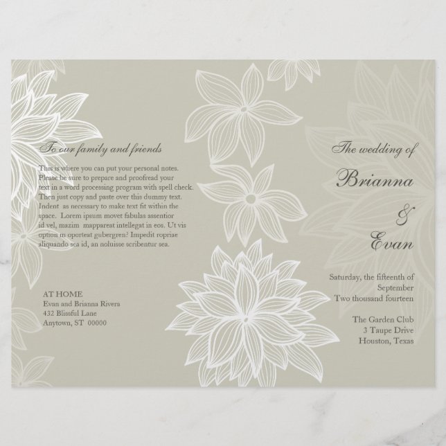 Tarjeta de programa de boda Contoured Bloom Taupe (Anverso)