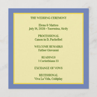 Tarjeta de programa de boda de azulejo siciliano y