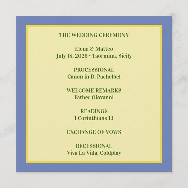Tarjeta de programa de boda de azulejo siciliano y (Anverso)