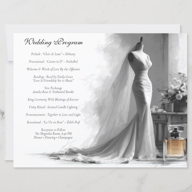 Tarjeta de programa de boda de boceto romántico co (Anverso)