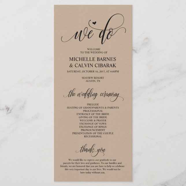 Tarjeta de programa de boda de diseño rústico mode (Anverso)