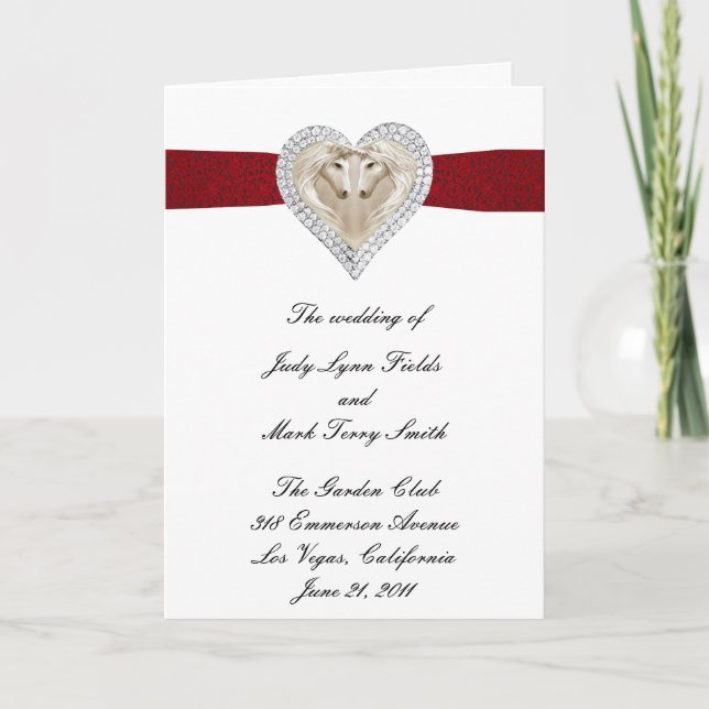 Tarjeta de programa de boda de encaje rojo Unicorn (Anverso)