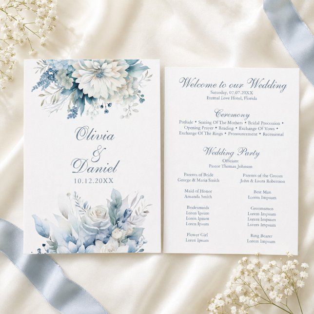 Tarjeta de programa de boda de flor silvestre azul (Dusty Blue Wildflower Wedding Program Card)