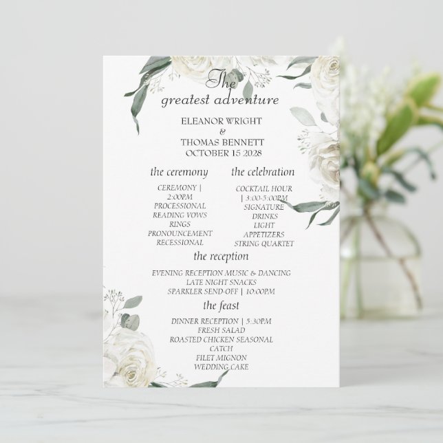Tarjeta de Programa de Boda de Floral Blanco Elega (Anverso de pie)