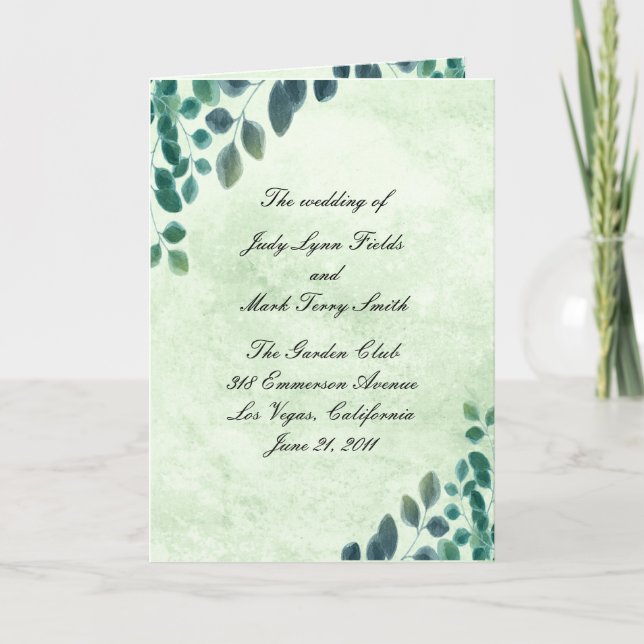 Tarjeta de Programa de Boda de Hojas de Eucalipto  (Anverso)