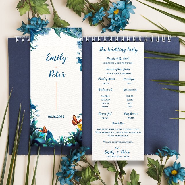 Tarjeta de programa de boda de mariposa botánica a (Blue Botanical Butterfly Wedding Program Card)