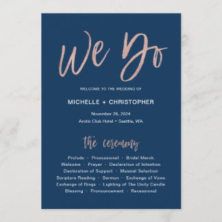 Tarjeta de programa de Boda de Navy & Rosa Gold Gl