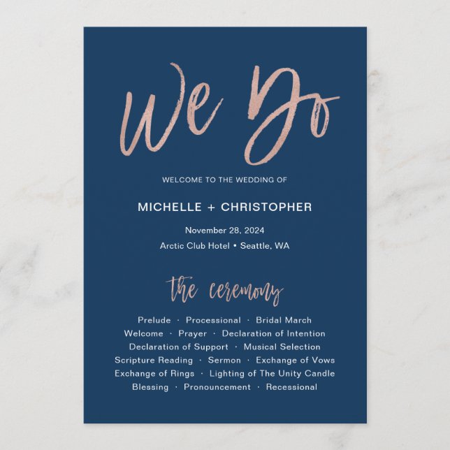 Tarjeta de programa de Boda de Navy & Rosa Gold Gl (Anverso)