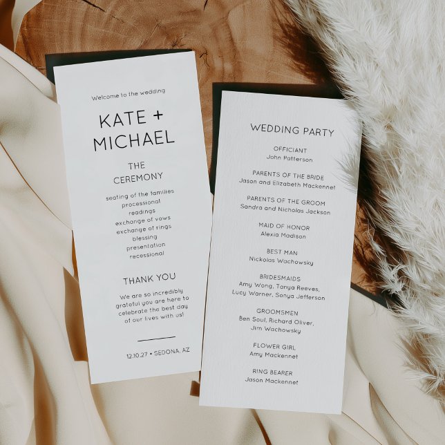 Tarjeta de Programa de Boda Elegante en Blanco y N (Elegant Minimalist Black and White Double Sided Wedding Program)
