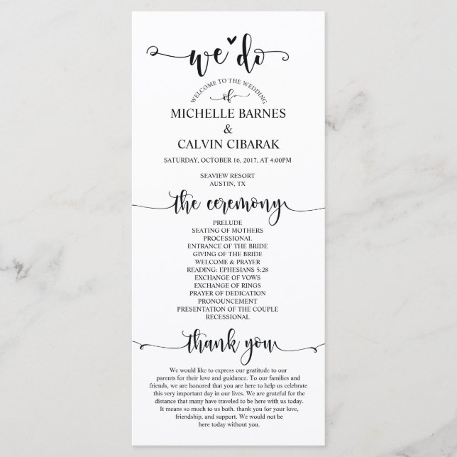 Tarjeta de programa de boda en el tema de caligraf (Anverso)