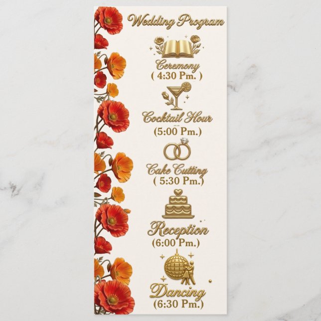 Tarjeta de programa de boda floral Amapola de Cali (Anverso)