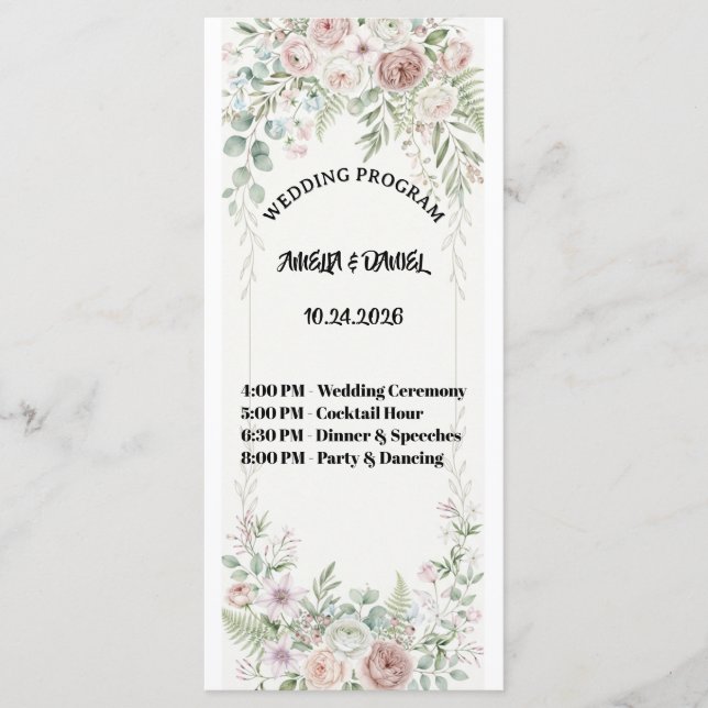 Tarjeta de programa de boda floral azul polvorient (Anverso)