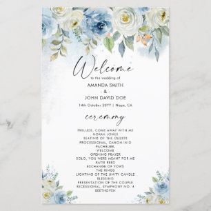 Tarjeta de programa de boda floral azul y blanca