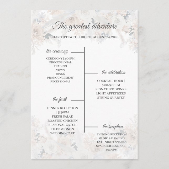 Tarjeta de Programa de Boda Floral Beige Azul Polv (Anverso)