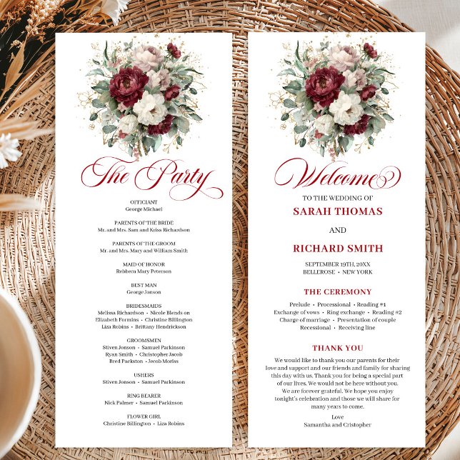 Tarjeta de Programa de Boda Floral Burgundy Rosado (Elegant Blush Burgundy Floral Wedding Program Card)