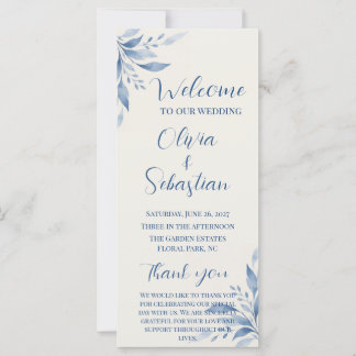 Tarjeta de programa de boda floral con acuarela az