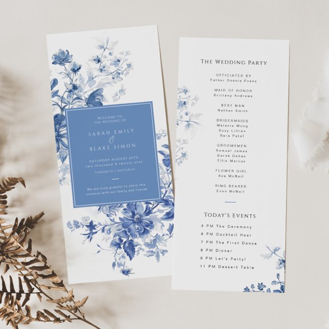 Tarjeta de programa de boda floral de Blue Toile e (Subido por el creador)