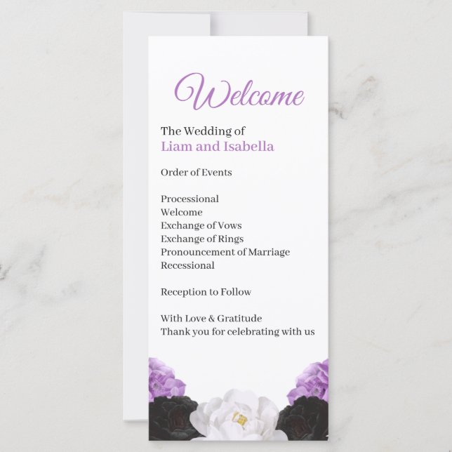 Tarjeta de programa de boda floral de lavanda (Anverso)