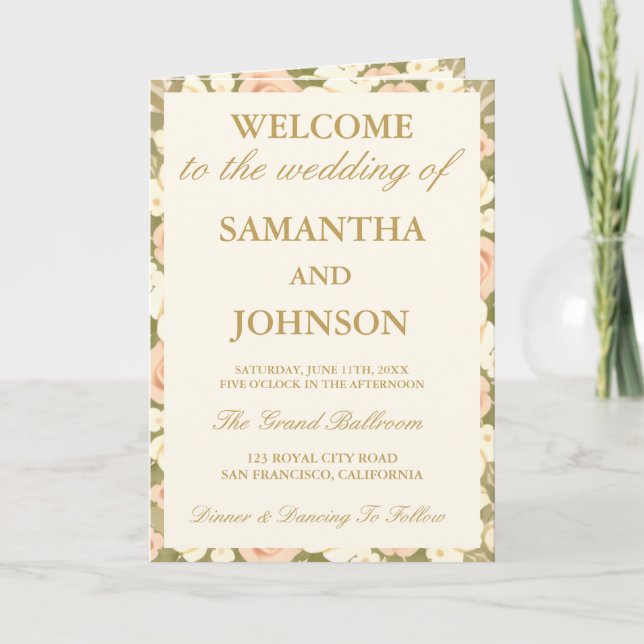 Tarjeta de programa de boda floral de marfil vinta (Anverso)