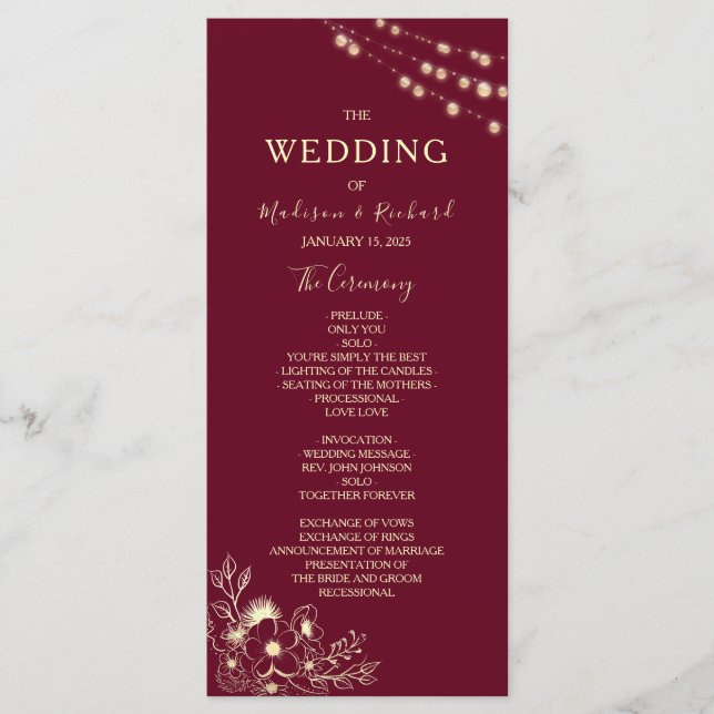 Tarjeta de programa de boda floral dorada de Borgo (Anverso)
