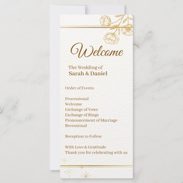 Tarjeta de programa de boda floral dorada elegante (Anverso)