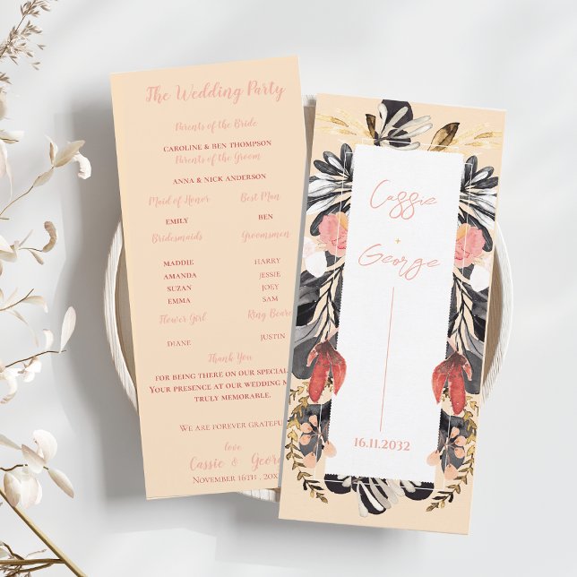 Tarjeta de Programa de Boda Floral Elegante Rosa y (Elegant Blush & Black Floral Wedding Program Card)