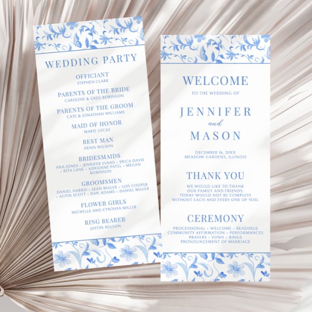 Tarjeta de programa de boda floral folclórica azul (Subido por el creador)