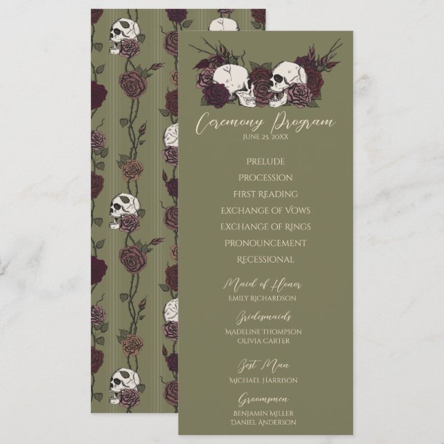Tarjeta de Programa de Boda Floral Gótico Verde Ol (Anverso / Reverso)