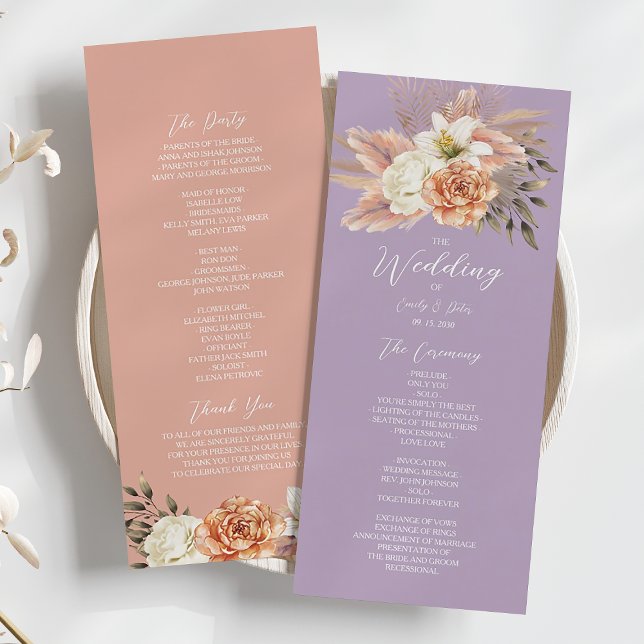 Tarjeta de programa de boda floral melocotón y púr (Subido por el creador)