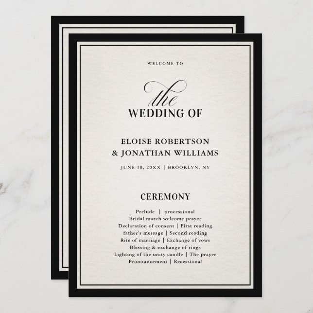 Tarjeta de Programa de Boda Formal Negro Dinero An (Anverso / Reverso)