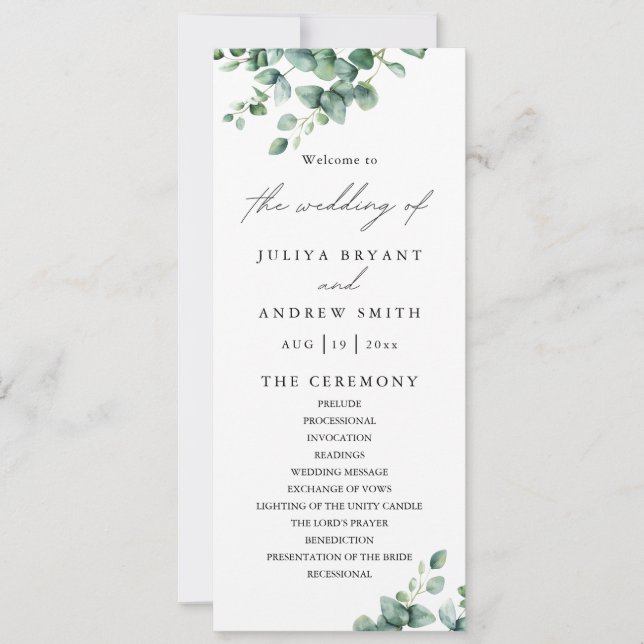 Tarjeta de programa de boda Greenery Eucalyptus sc (Anverso)