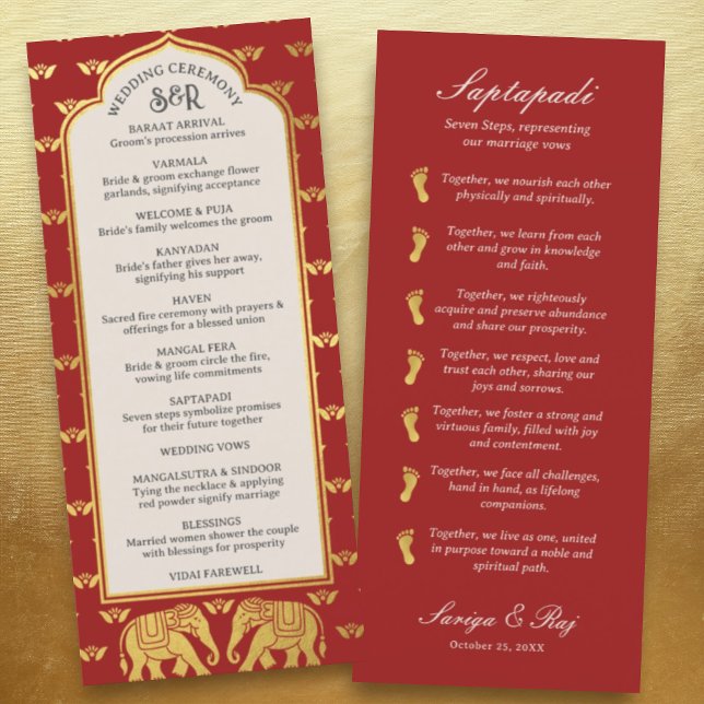 Tarjeta de programa de boda hindú e hindú para ele (Hindu wedding program, Indian wedding program, Saptapadi seven steps, elephant lotus flower mundap)