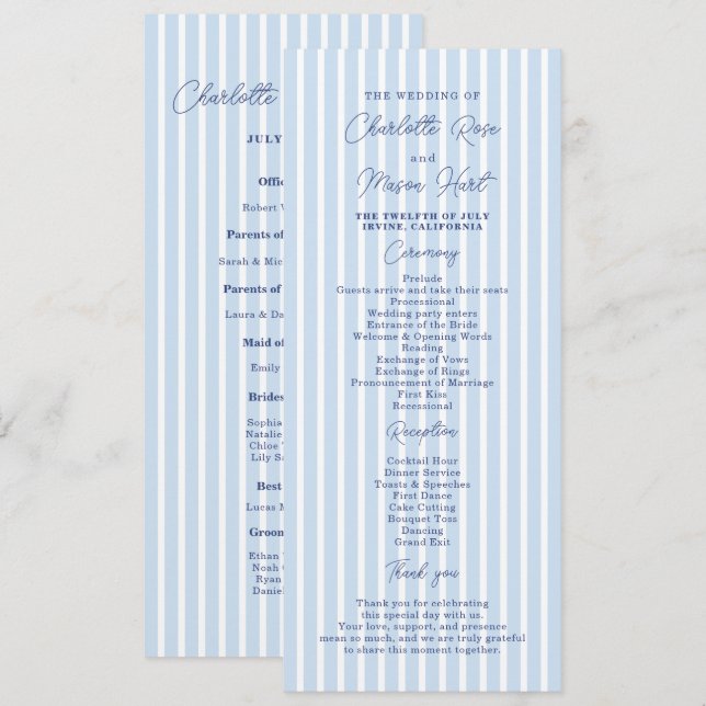 Tarjeta de programa de boda minimalista con franja (Anverso / Reverso)