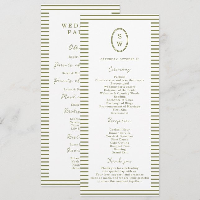 Tarjeta de programa de boda moderna verde oliva (Anverso / Reverso)